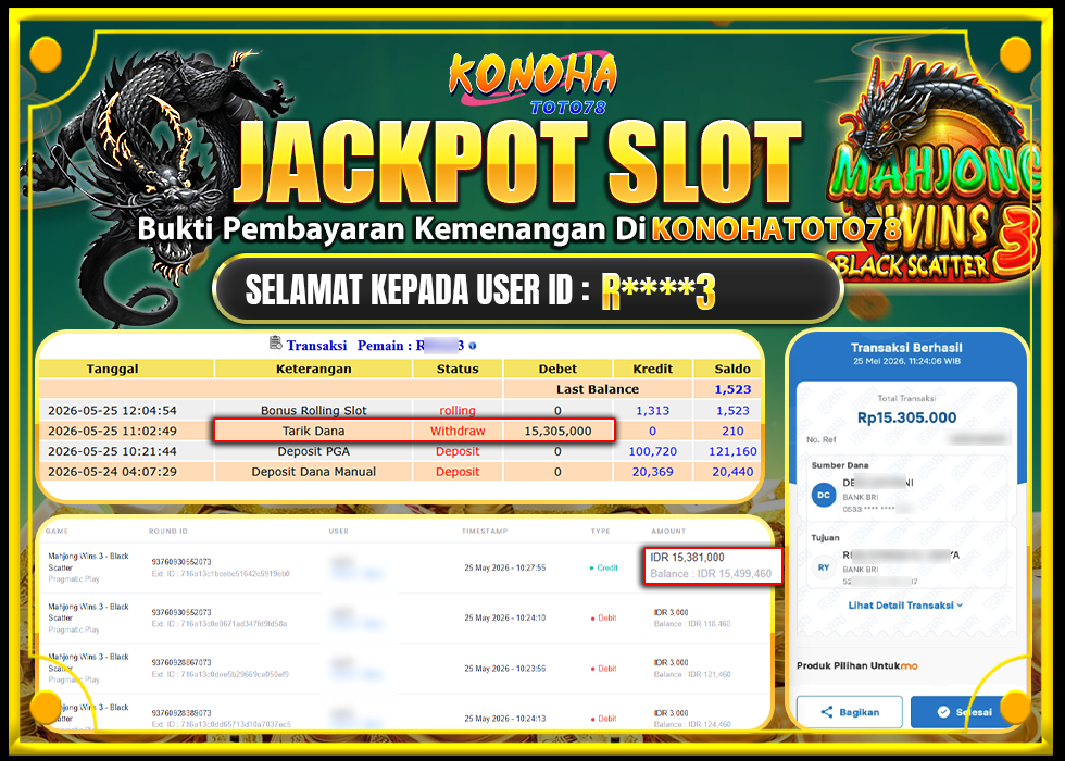 KONOHATOTO78 JACKPOT MAHJONG WINS 3 BLACK SCATTERRp.Rp.15.305.000,- LUNAS